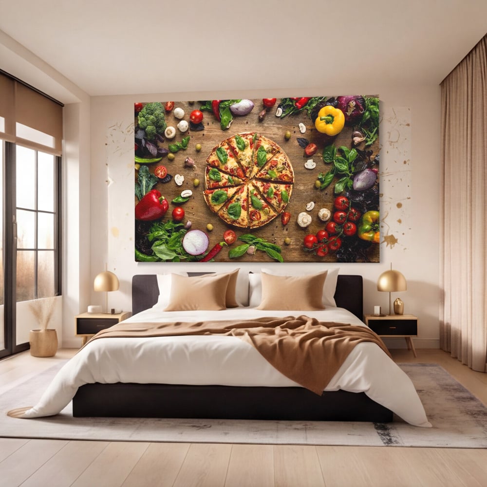 Tablou canvas cu tablou canvas cu pizza si legume, fara rama, pe sasiu de lemn, pe perete intr-un dormitor